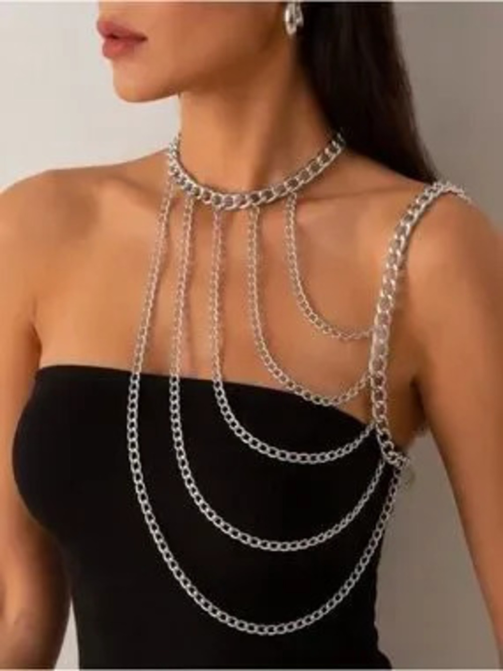Celestial Argent Silver Multi-Drape Chain Body Harness Necklace